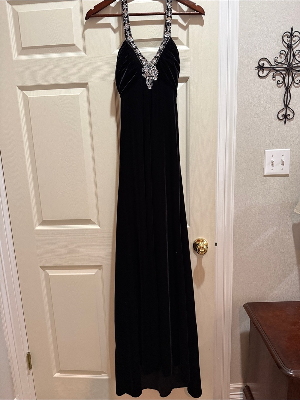 Betsy & Adam Black Velvet Maxi Gown with Crystal Halter